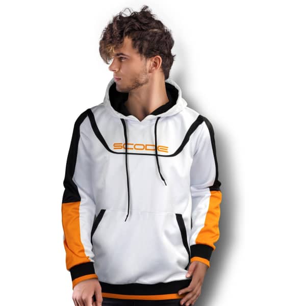 A men's sports hoodie featuring a white and orange design with a logo on the front and black accents.