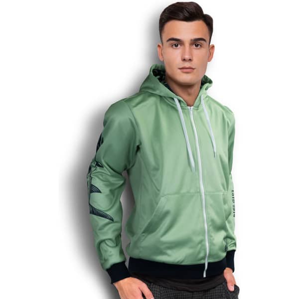 A green zipped hoodie featuring a hood and pockets, with an arm logo design.