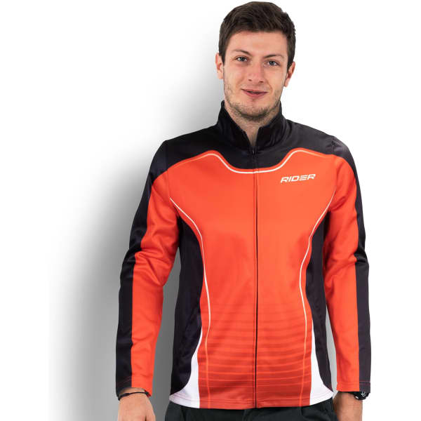 A men's sports jacket featuring vibrant orange and black colours, with a fitted design and a logo on the front.