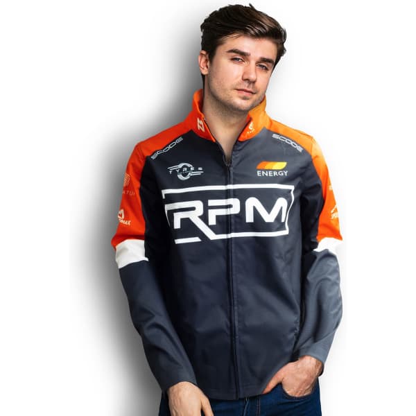 A man wearing a grey and orange custom premium softshell jacket with a logo on the front.