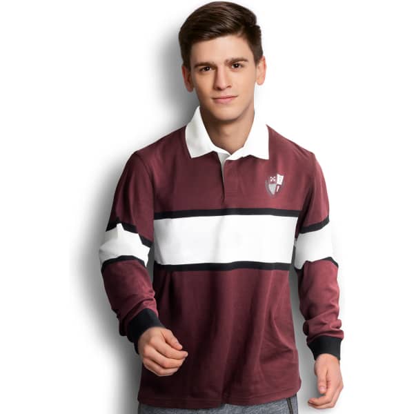 A burgundy and white custom rugby shirt with long sleeves and a collar. It features a logo on the chest.