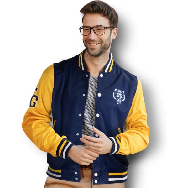 A custom varsity jacket featuring navy blue and yellow colours with a logo on the chest and striped cuffs.