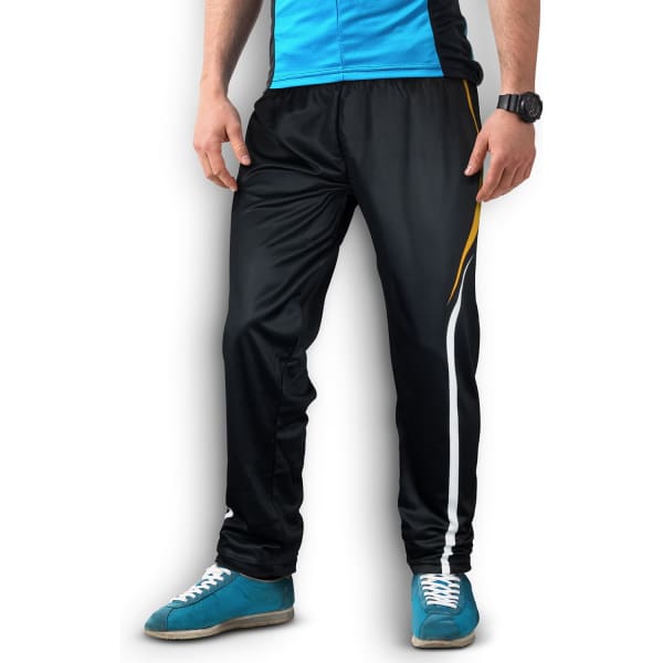 Custom men's sports pants in black with a white and yellow design, featuring an elastic waistband and a branded logo.