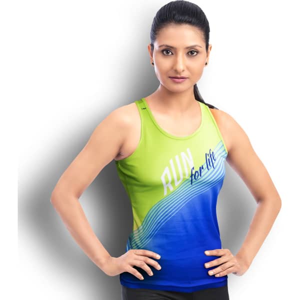 A women's sports singlet in green and blue, featuring a branding logo and a stylish design.