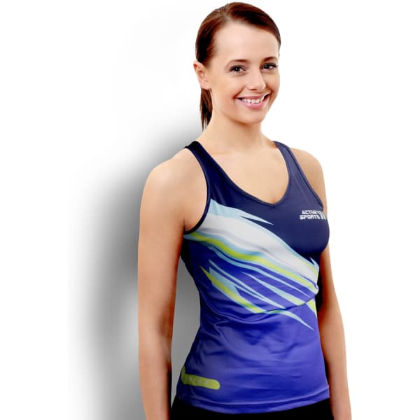 A woman is wearing a custom women's performance singlet in shades of blue and green, featuring a logo.