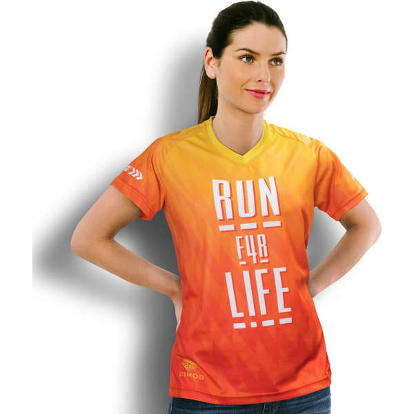 A women's performance V-neck T-shirt in an orange gradient with a logo, featuring a bold slogan on the front.