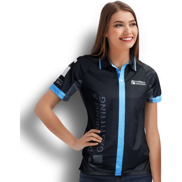 A women's black performance polo shirt with blue accents and a logo on the sleeve.