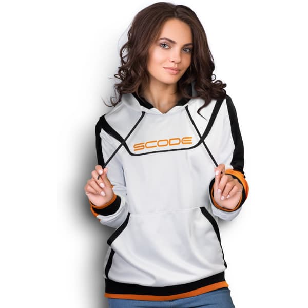 A woman wearing a white sports hoodie with black and orange accents, featuring a logo on the front.
