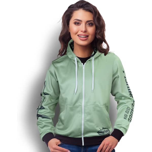 A mint green zipped hoodie for women, featuring a logo and designs on the sleeves.