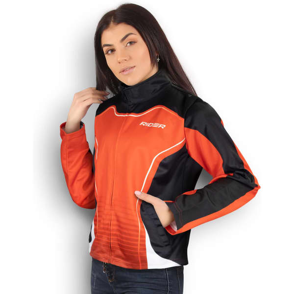 A women's sports jacket in orange and black, featuring a logo and a fitted design with a zip front.