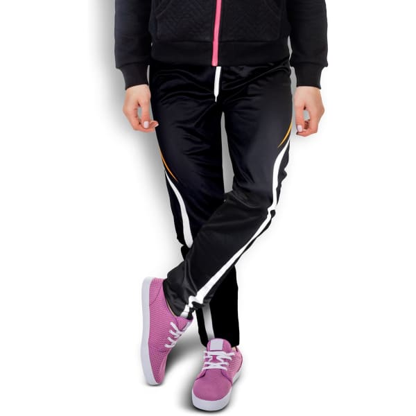 Black sports pants with white and yellow stripes, paired with pink sneakers, showcased on a model.