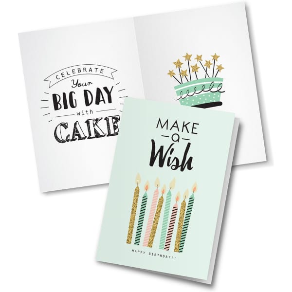 A light green birthday card with candles and cake illustrations, featuring celebratory text inside.
