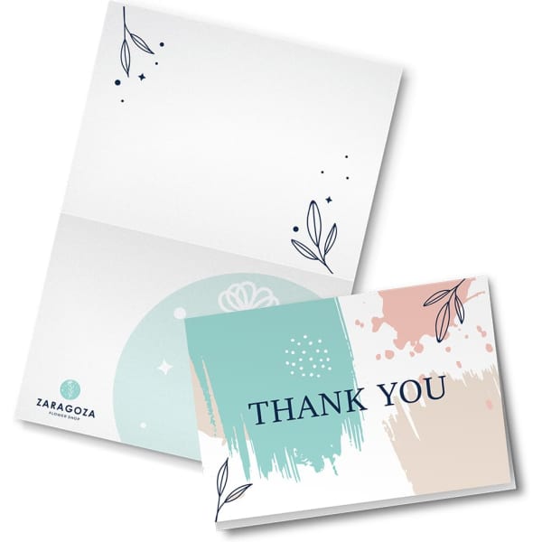 A gift card in soft pastel colours with floral designs, featuring an illustrated 'Thank You' message.