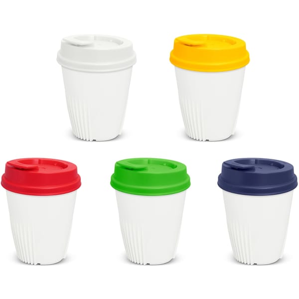 A drink bottle with a white body and colourful lids in red, green, yellow, and navy blue. Features a logo.