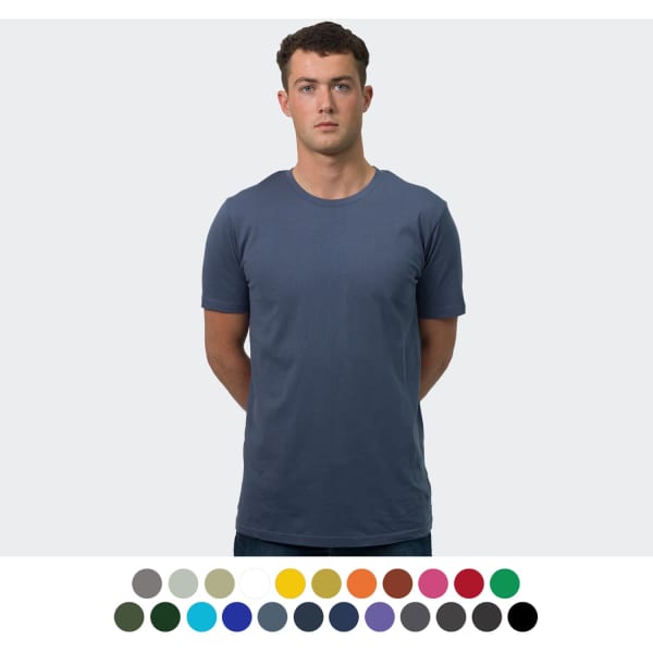A plain blue men's T-shirt with short sleeves, displayed against a neutral background, alongside a colour palette.