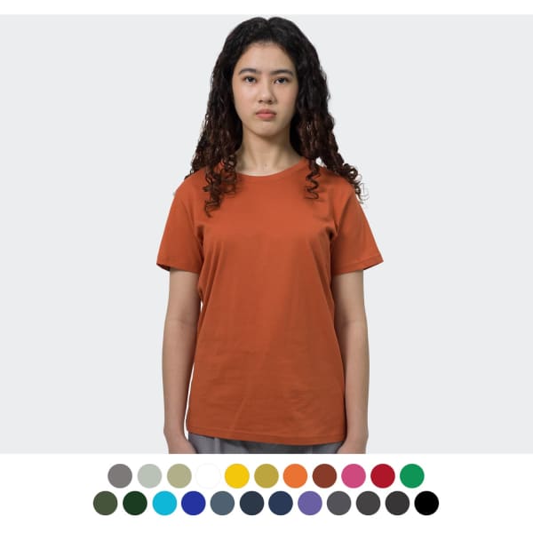 An orange TRENDSWEAR original women's t-shirt displayed on a model, featuring a variety of colour options below.