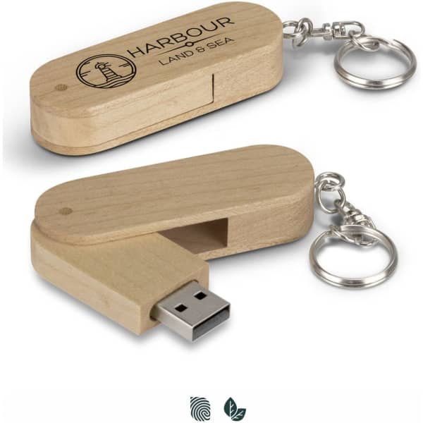 A wooden 8GB flash drive with a keychain attachment, featuring a logo on one side.