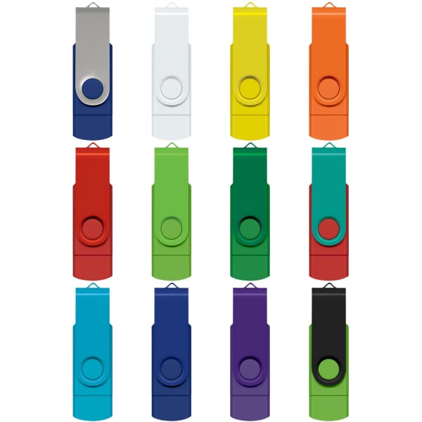 A collection of multicoloured flash drives in various shades, featuring a swivel design and a logo on each.