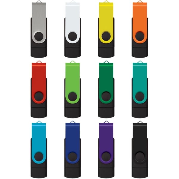 A collection of Helix 16GB dual flash drives in various colours, each with a black casing and a logo.