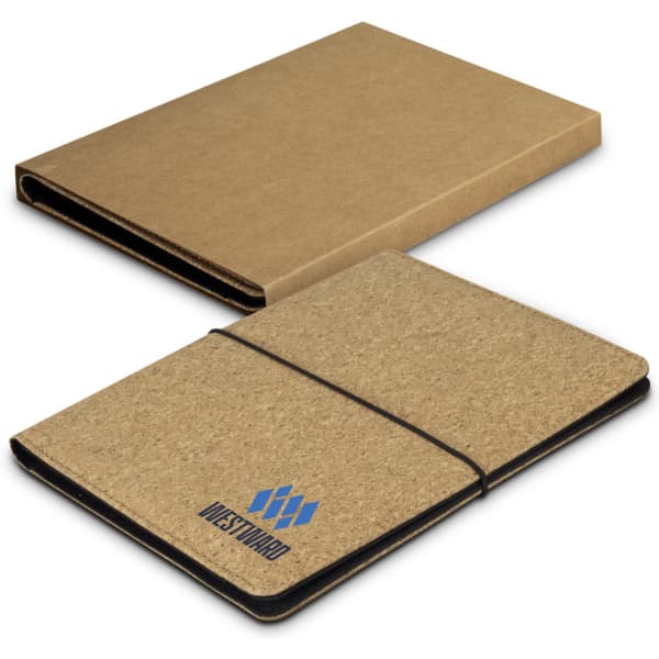 A cork portfolio in brown with a black elastic band, featuring a logo on the front cover.
