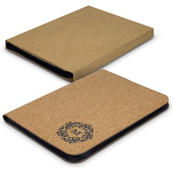 A cork portfolio in a natural beige colour with a black logo design, featuring a smooth black trim.