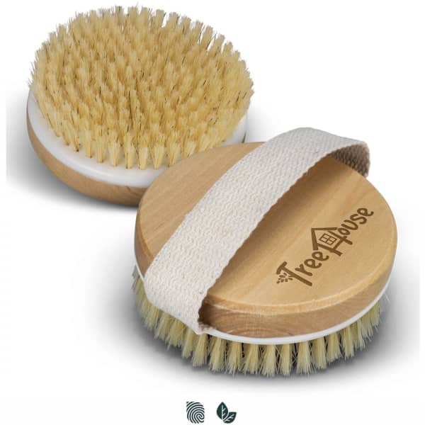 A wooden body brush in natural wood with light bristles and a fabric strap, featuring a logo on the side.
