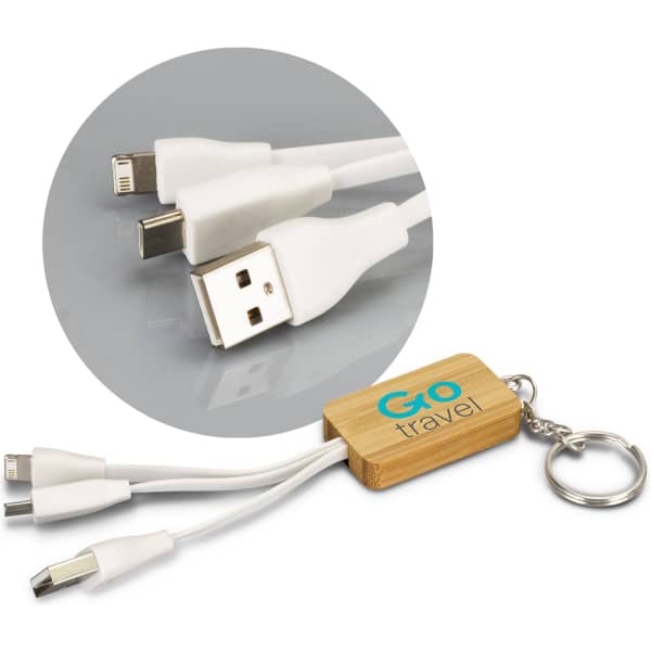 A bamboo key ring featuring a rectangular design with three charging cable connectors in white.