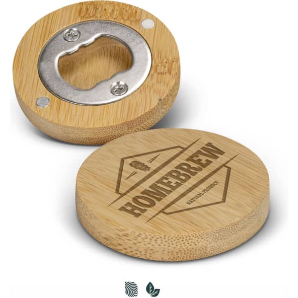 A drink bottle opener made of bamboo with a metal opening mechanism and engraved with a logo.