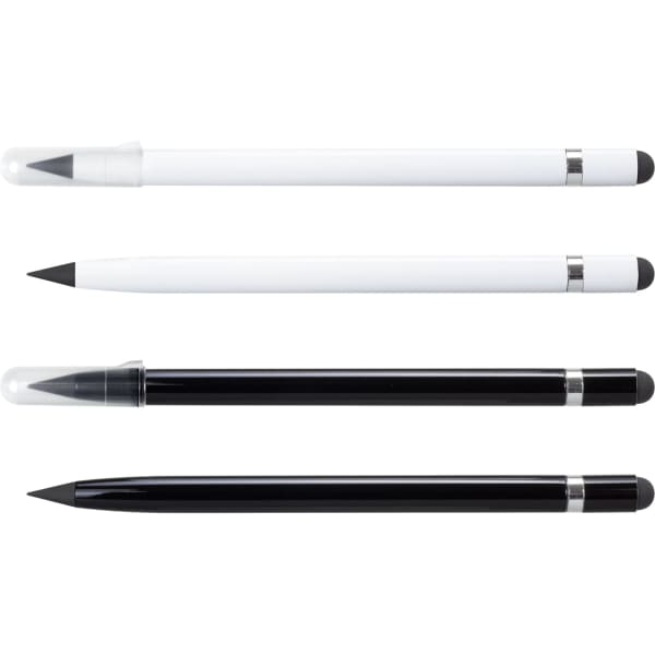 Four stylus pens in black and white, featuring different designs and tips, arranged vertically. Each has a logo.