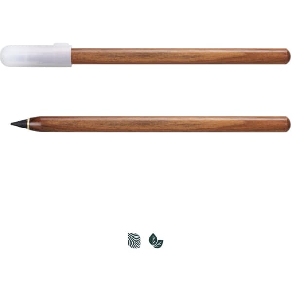 An inkless pen with a wooden design, featuring a clear cap and a sleek body. Includes branding elements.