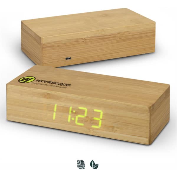 A bamboo wireless charging clock in a rectangular shape, featuring a digital display and a logo.