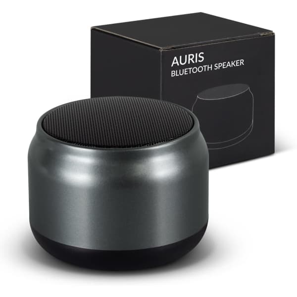 Auris Bluetooth speaker in a sleek silver finish next to its black packaging with a logo.