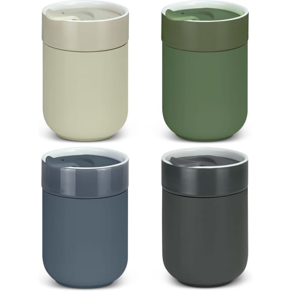 A set of four ceramic coffee cups in various colours: cream, green, navy, and dark grey, each with a matching lid.