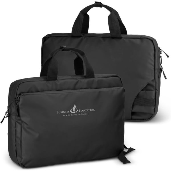 Aquinas Sling Laptop Bag in black with handles and a branding logo, featuring a sleek and functional design.