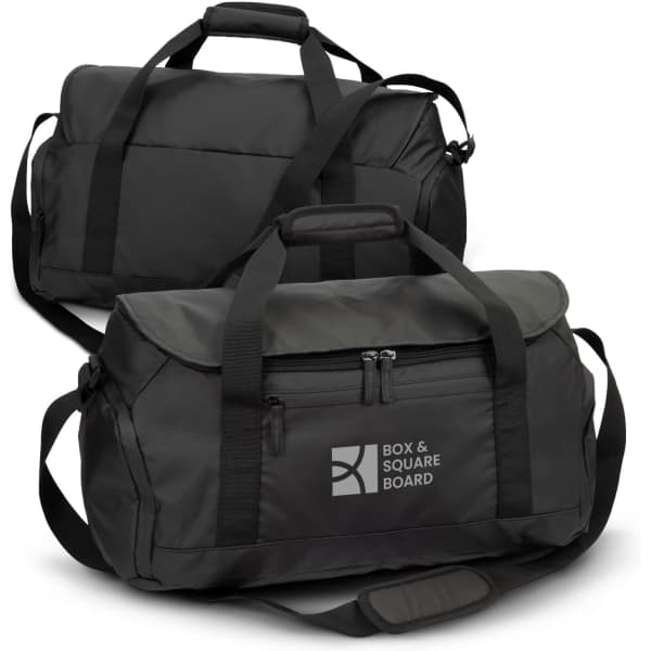 Black duffle bag featuring dual handles, a shoulder strap, and a front zip pocket. Includes branding on one side.
