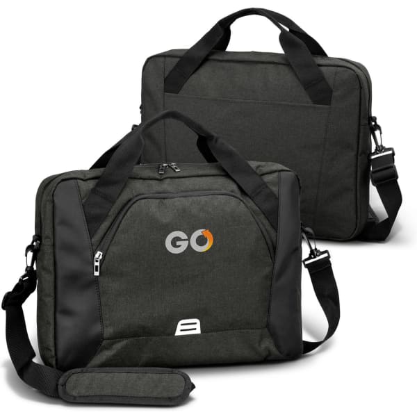 A dark green laptop bag featuring a shoulder strap and handle, with a logo on the front.