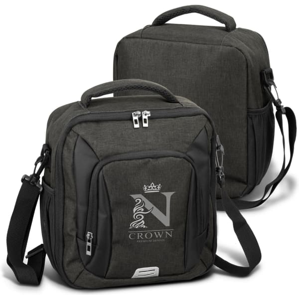 A green cooler bag with black accents and a logo, featuring adjustable shoulder strap and handles.