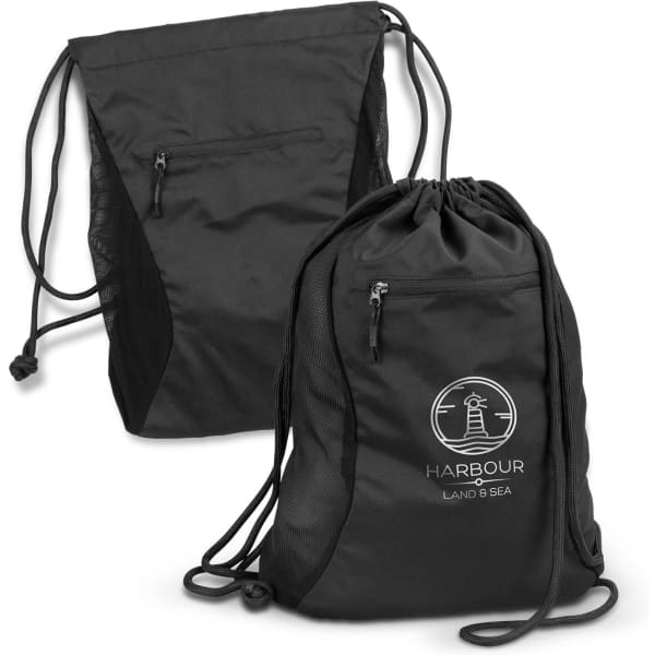 A black drawstring backpack with mesh side pockets and a logo on the front.