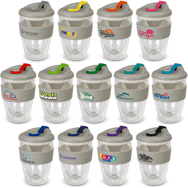 A drink bottle featuring a clear body and assorted coloured lids, with various logos on the silicone sleeve.