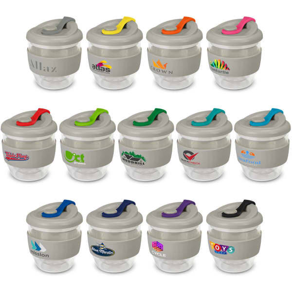A collection of Valencia Cups in various colours, featuring transparent bases and colourful handles, each with logos.