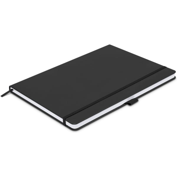 A large black hardcover notebook featuring a flexible elastic band and a subtle logo on the cover.