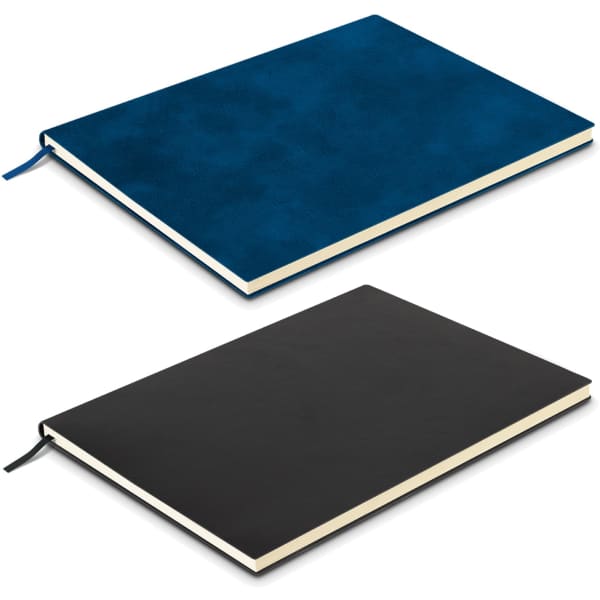 A large notebook with a textured blue cover on top and a smooth black cover below, both featuring a ribbon marker.