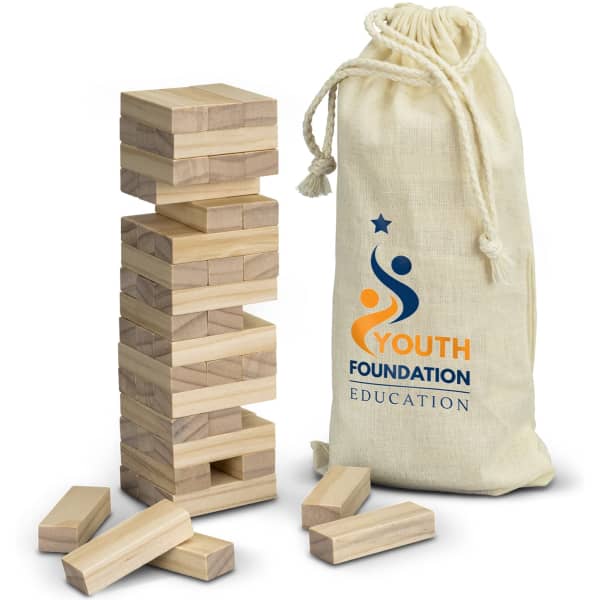 A wooden Mini Tumbling Tower set with stacking blocks and a canvas bag featuring a logo.