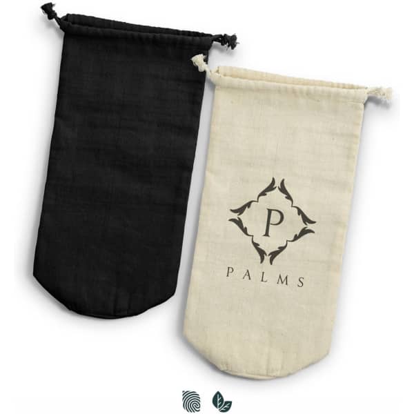A drink bottle gift bag in black and cream cotton, featuring a logo on the cream bag.