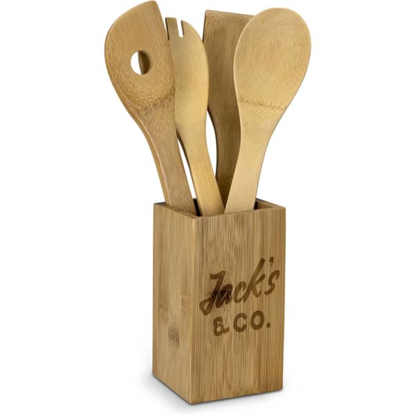 Bamboo kitchen utensils with a wooden holder, featuring a spatula, spoon, and fork. Natural colour finish.