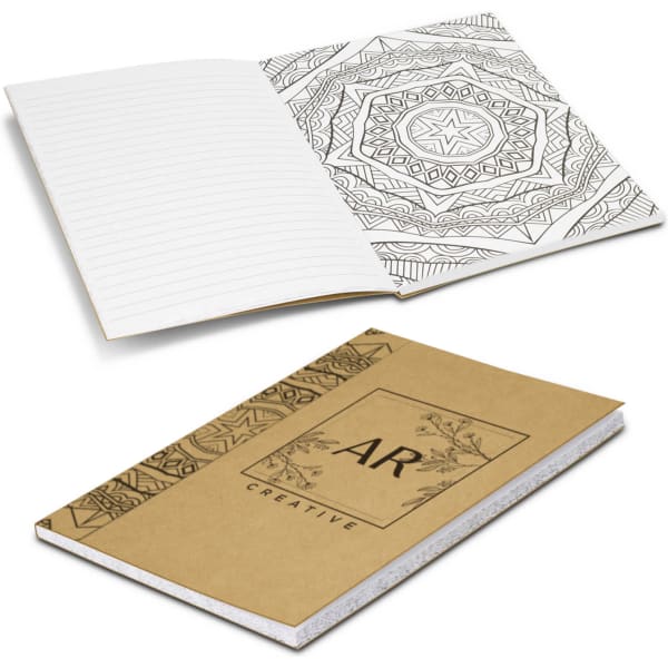 A brown mindfulness notebook with a decorative patterned cover and black and white interior pages for creativity.
