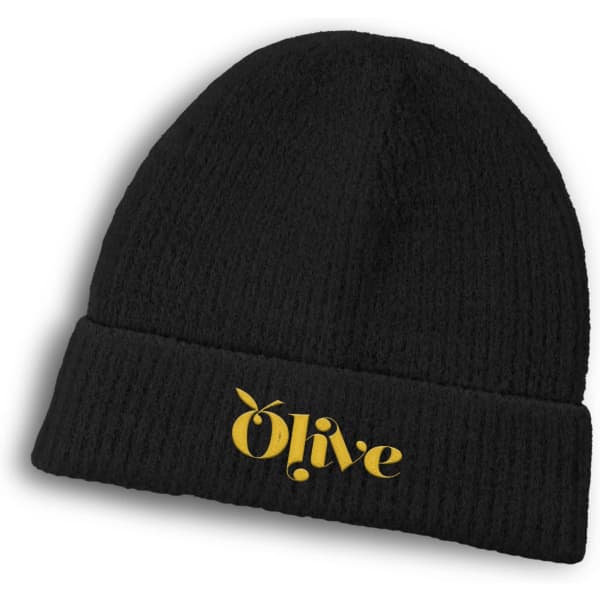 A black beanie featuring a logo in gold. The beanie has a ribbed texture and a folded cuff.