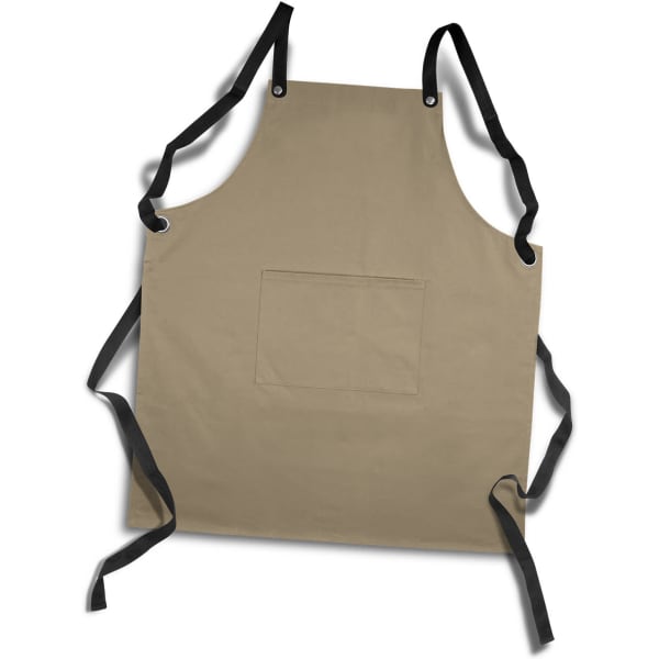A beige bib apron with adjustable black straps and a front pocket, featuring a logo.