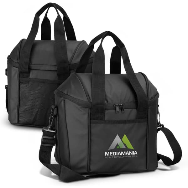 Aquinas Cooler Bag in black, featuring a shoulder strap and dual handles; includes a logo on the front.
