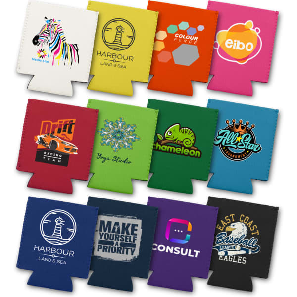 A collection of colourful stubby coolers featuring various designs and logos in vibrant hues.